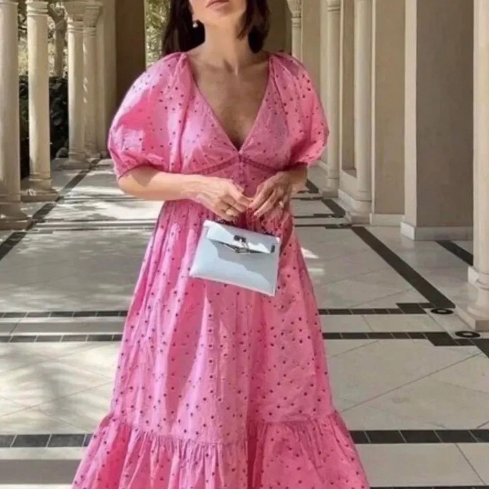 ZARA | Pink Eyelet Puff-Sleeve Maxi Dress Blogger Favorite Women’s Size X-Small